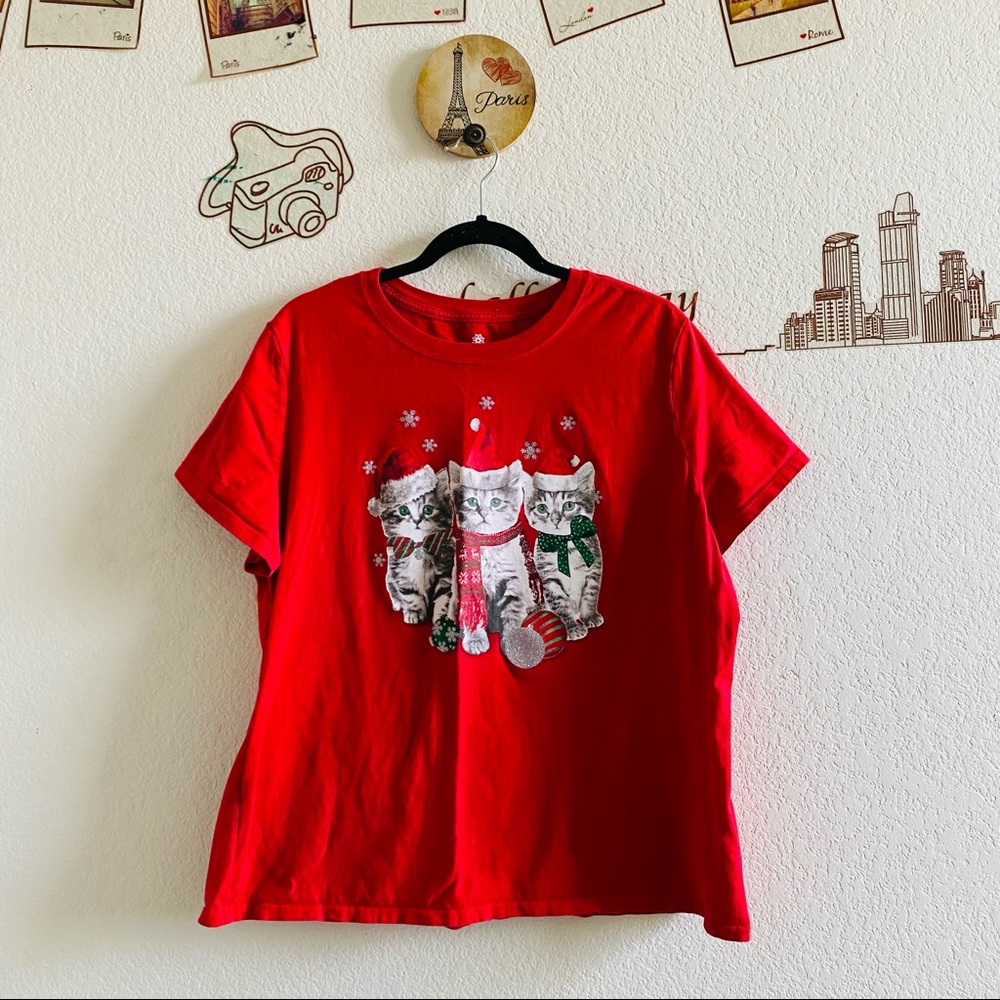 Red Christmas Cats Snow Print Short Sleeve Top 2X